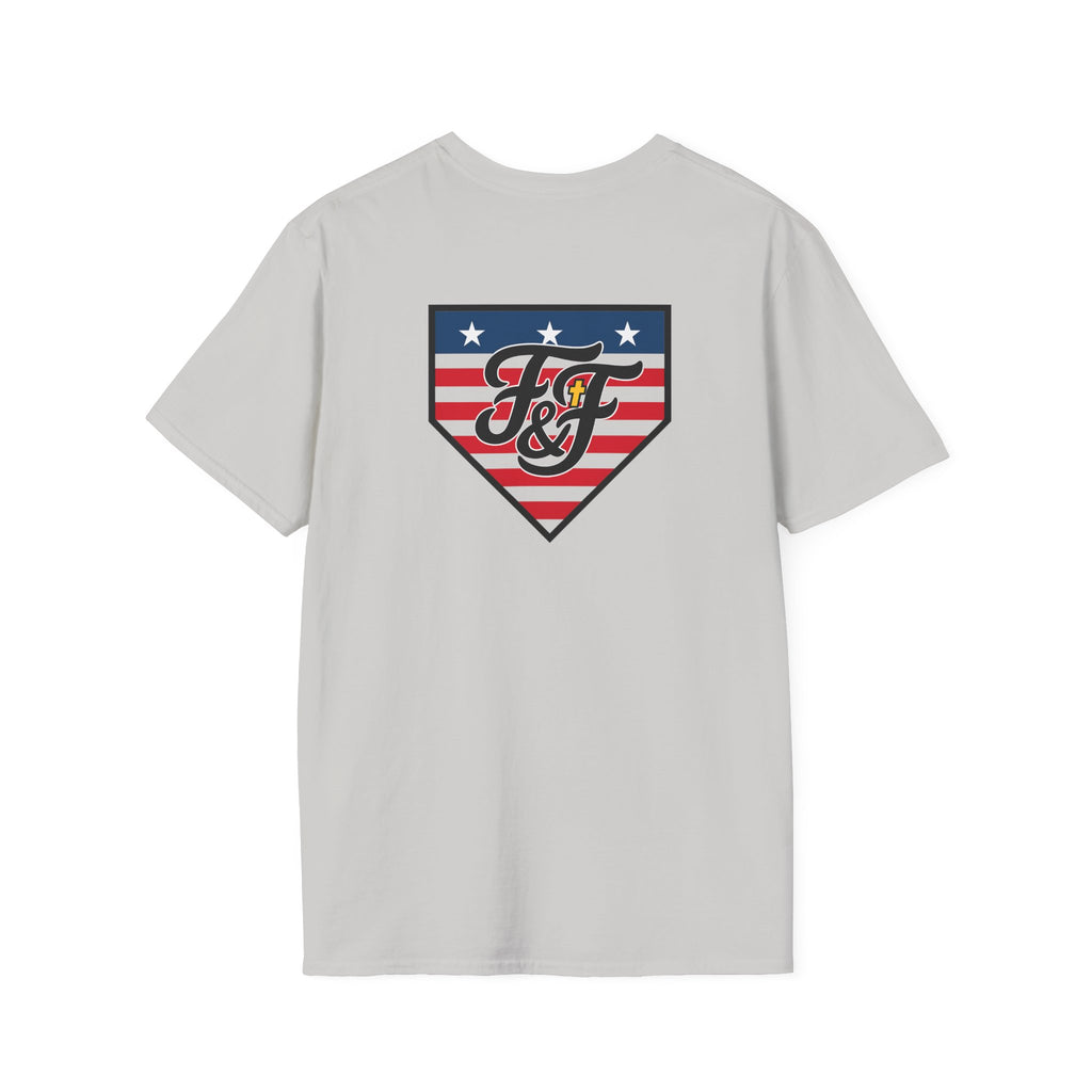 Christian patriotic baseball shirt with red white and blue home plate graphic.
American home plate tee by Faith and Fastballs.
Faith and country Christian baseball t‑shirt.