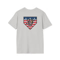 Christian patriotic baseball shirt with red white and blue home plate graphic.
American home plate tee by Faith and Fastballs.
Faith and country Christian baseball t‑shirt.