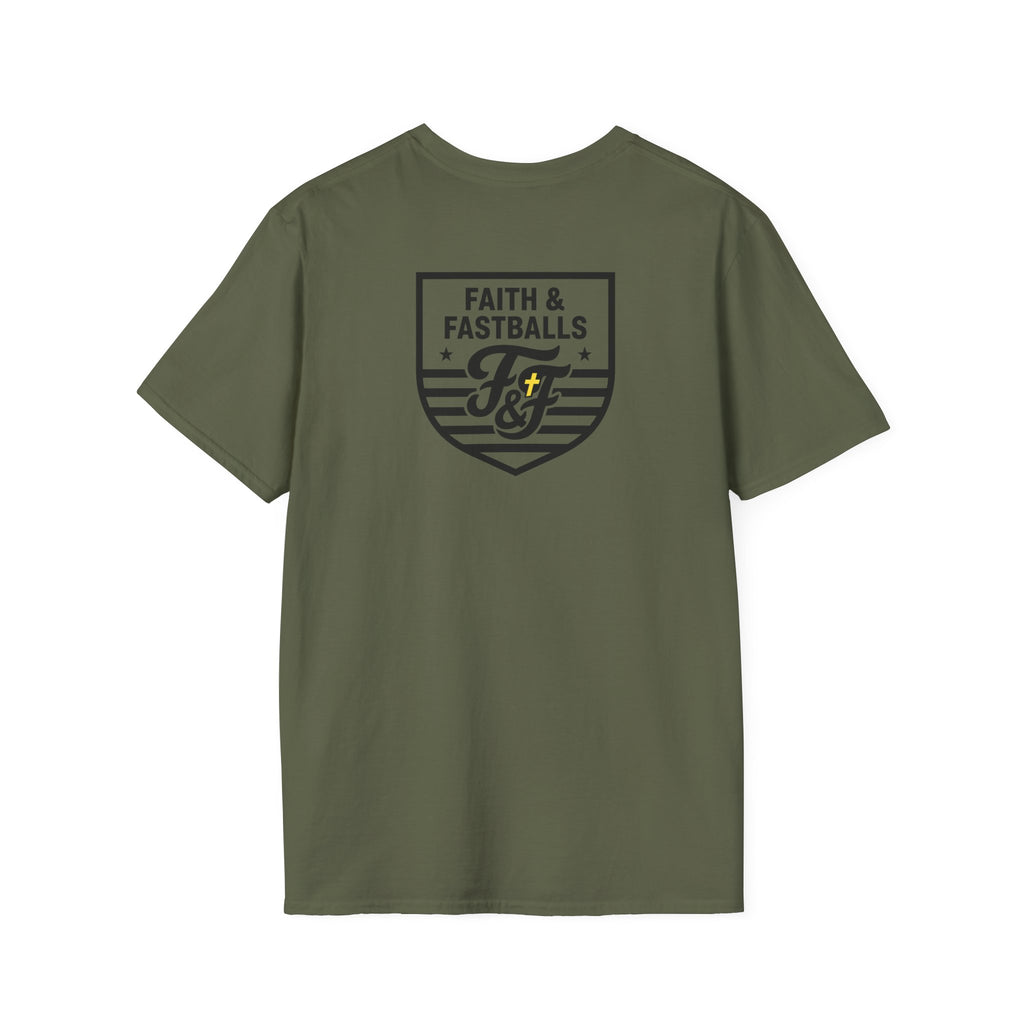FF Striped Badge Tee – Christian Baseball Shield Design | Faith & Fastballs Athlete Apparel
