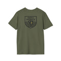 FF Striped Badge Tee – Christian Baseball Shield Design | Faith & Fastballs Athlete Apparel