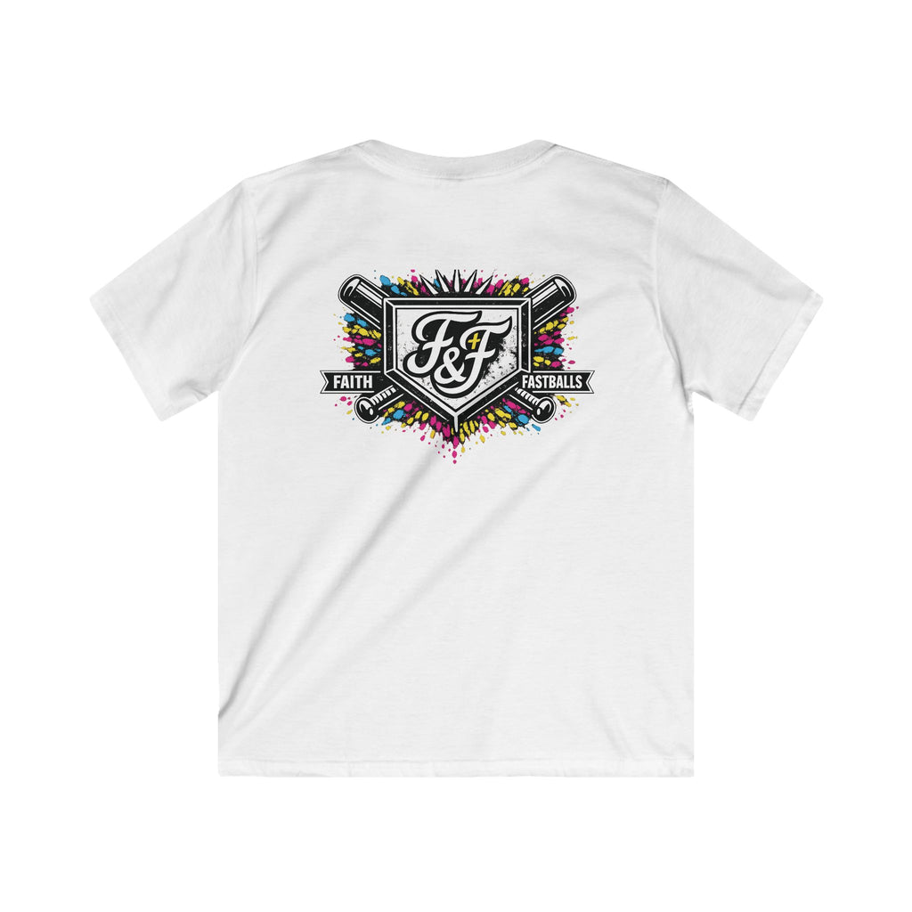 Splatter Shield Christian baseball tee with vibrant paint burst.
Faith and Fastballs home plate tee with crossed bats and cross detail.
Bold Christian athlete shirt with colorful design.
