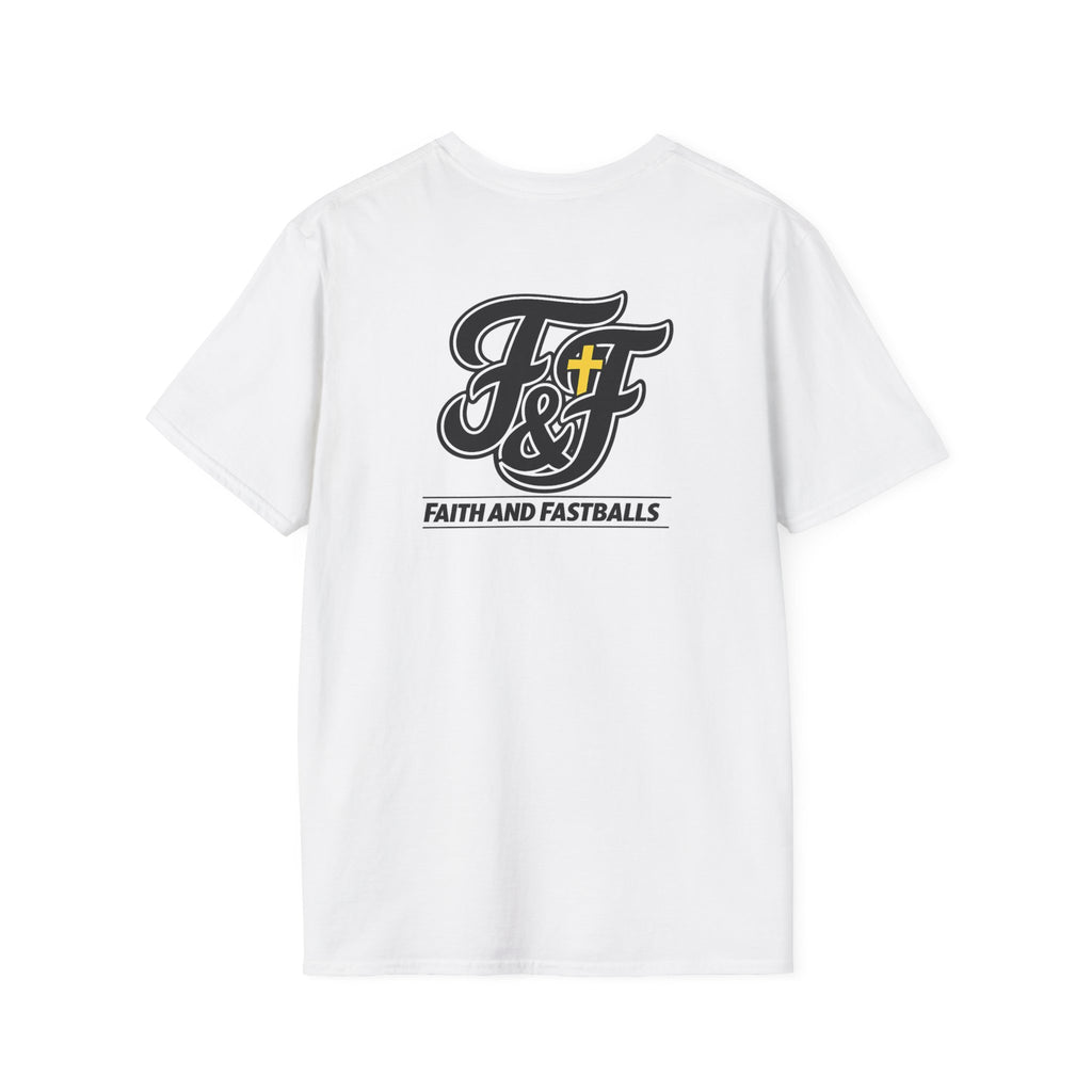 Faith and Fastballs classic logo Christian baseball tee.
F&F script logo shirt with gold cross.
Christian athlete apparel logo tee.
