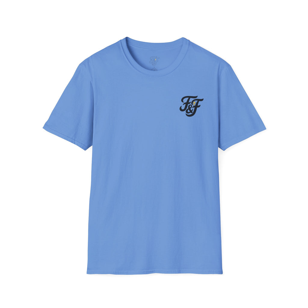 FF Striped Badge Tee – Christian Baseball Shield Design | Faith & Fastballs Athlete Apparel