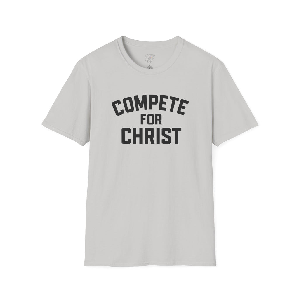 Compete for Christ Christian athlete baseball shirt.
faith driven christian sports tee with bold lettering
Christian athletic apparel by Faith and Fastballs